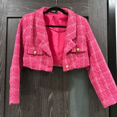 Trendy Hot Pink Cropped Coat/Blazer. Cropped Pink Outerwear For Work, Pink Cropped Outerwear For Work, Pink Cropped Outerwear For Fall, Pink Cropped Jacket For Fall Workwear, Pink Cropped Jacket For Workwear In Fall, Pink Cropped Jacket For Work In Fall, Pink Cropped Blazer For Work, Chic Cropped Pink Outerwear, Pink Cropped Blazer For Spring