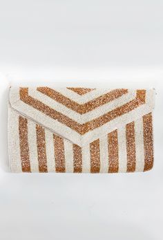 A Night Out Beaded Clutch in White, white and gold striped beaded clutch White Summer Clutch For Formal Occasions, White Evening Clutch For Summer, White Summer Evening Clutch, Chic Beaded Beige Clutch, Formal Outfits, Beaded Clutch, Office Party, Office Parties, Gold Stripes