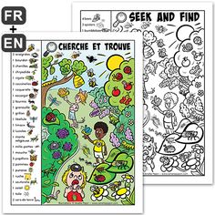 two coloring pages for children with cartoon characters and words on the front, one in black and