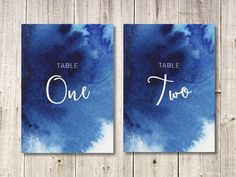 two blue watercolor cards with the word table one