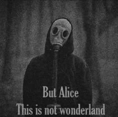 a person wearing a gas mask with the words, but alice this is not wonderlandland