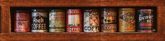 a wooden shelf filled with lots of different types of coffee cans