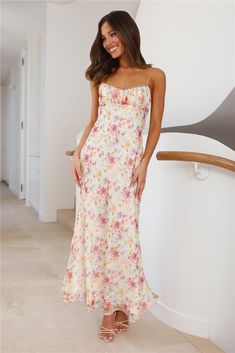 Length from bust to hem of size S: 123cm. Chest 36cm, Waist 33cm, size S. Maxi dress. Lined. Model is a standard XS and is wearing size XS. True to size. Non-stretch. Twist-back. Flowy skirt. Cold hand wash only. Print placement may vary. Polyester. Bring the class with the Notes To You Maxi Dress. Featuring a gorgeous silhouette with a twist-back design and a flowy skirt. Style with heels to impress at your fancy event. Wedding Guest Summer Dress, Grad Party Dress, Spring Fling Dress, Flowy Sundress, Fancy Event, Pink Floral Maxi Dress, Spring Maxi Dress, Brunch Dress, Rush Dresses