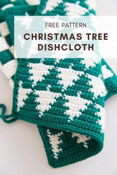 two crocheted christmas tree dishcloths with text overlay that reads free pattern