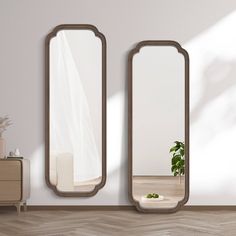 two mirrors sitting on top of a wooden floor next to a plant in a vase