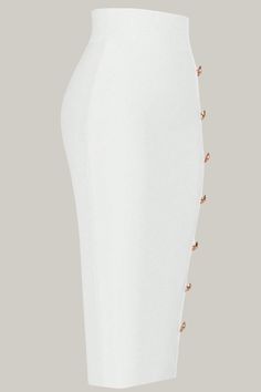 Experience luxurious comfort and style with our elegant Button Detail Bodycon Skirt. This premium piece boasts a split design and button front, adorned with a zipper for added detail. The classic pencil style and natural waistline create a flattering silhouette, while the midi length and skinny fit add a touch of sophistication. Crafted from high stretch, knitted fabric, this skirt offers maximum comfort and long-lasting wear. Its skin-friendly composition and lack of lining add to the overall comfort level. Elevate your wardrobe with this must-have addition. 95% Polyester, 5% Elastane Please allow 3-5 business days to process and ship. in cm : Size US Length Waist Size Hip Size S 4 75 63 83 M 6 75 67 87 L 8/10 75 71 91 XL 12 75 75 95 High-waist Beige Skirt With Button Closure, Bandage Jumpsuits, Split Design, Bodycon Skirt, Plus Size Jumpsuit, Plus Size Shopping, Body Con Skirt, Jean Leggings, Denim Jumpsuit