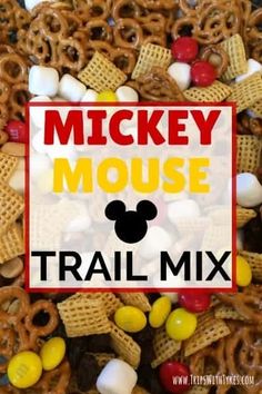 mickey mouse trail mix with the words mickey mouse on it