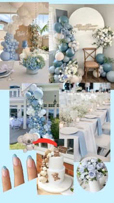 a collage of photos with blue and white balloons, cake, flowers, and decorations