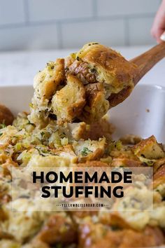 someone scooping food from a casserole dish with the words homemade stuffing above it