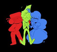 two cartoon characters are talking to each other on a black background with red, green and blue colors