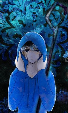 an anime character with a blue hoodie holding a stick in front of her face