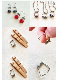 the instructions for making earrings are shown in several different ways, including wire and wood