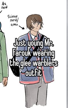 two people standing next to each other with the caption just young mr faruk wearing the glee warblers outfit