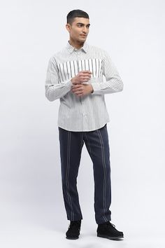 White pure cotton shirt with stripe print. - Aza Fashions White Relaxed Fit Shirt With Vertical Stripes, White Signature Stripes Shirt For Work, Pinstripe Cotton Shirt With Striped Collar, Cotton Tops With Signature Stripes For Work, Cotton Striped Tops For Work, Men Shirts, Stripe Shirt, Formal Shirts, Shirt Pattern