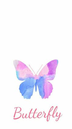 a watercolor butterfly with the word butterfly on it's back and pink, blue,