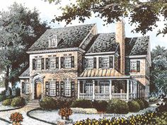 this is an artist's rendering of a large house in the country side view