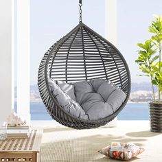 a hanging chair with cushions on it in a room next to a potted plant