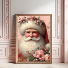 a painting of santa claus with flowers in front of a white wall and pink walls