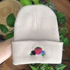 "This one of a kind hand-embroidered beanie is \"berry\" cute!  It is an original design that is hand-stitched with DMC thread into a 100% acrylic beanie." Embroidered Beanies, Embroidered Beanie, Bee Sticker, Blue Beetle, Hat Embroidery, Embroidered Caps, Floral Stickers, Dmc Thread, Fall Floral