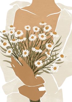 a woman holding a bouquet of daisies in her hand, with the background painted beige and white