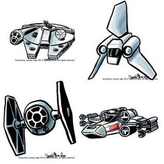 four different types of toys are shown in this drawing style, including a remote control car and a star wars vehicle