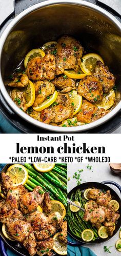 instant pot lemon chicken in a pan with asparagus and lemon slices on the side