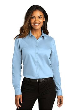 Port Authority ® Ladies Long Sleeve SuperPro ™ React ™ Twill Shirt - CLOUD BLUE - L | Port Authority Women's Long Sleeve SuperPro React Twill Shirt in Cloud Blue Size Large | Cotton/Polyester Blend Shirts For Women Stylish, Women Work Blouse, Port Authority, Twill Shirt, Work Wear Women, Blouse Work Designs, Dress Shirts For Women, Blouse Outfit, Woven Dress