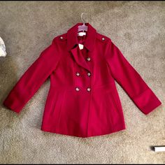 Brand New. Michael Kors. Red Coat. Size : Large. Great Condition! Michael Kors Long Sleeve Blazer For Work, Michael Kors Long Sleeve Outerwear For Fall, Classic Red Double-breasted Pea Coat, Red Double-breasted Pea Coat With Buttons, Red Double-breasted Pea Coat With Button Closure, Classic Michael Kors Outerwear For Fall, Classic Michael Kors Winter Outerwear, Michael Kors Classic Winter Outerwear, Classic Red Fitted Pea Coat