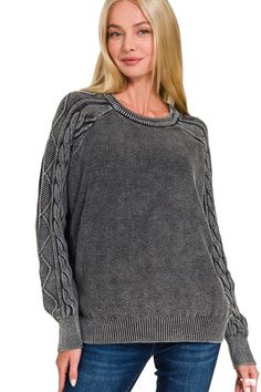 This Zenana sweater features a unique cable knit design on the sleeves, adding a touch of texture to its classic crewneck style. Made with a stone washed fabric, it offers a soft and comfortable feel. Perfect for layering or wearing alone, this sweater is a versatile addition to any wardrobe. Details:- With Thick Cable-knit Details- Ribbed Hem- Drop Shoulders- Pullover Style Fabric Content:- 100% Cotton Crewneck Style, Cute Sweater, Knit Sleeve, Dressy Tops, Cute Sweaters, New Tops, Sleeve Detail, Crewneck Sweater, Knitting Designs