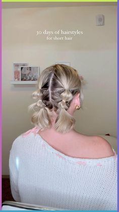 Day 5!! Love these bubble braids for short hair! • • • #shorthairstyle #hairhacks #easyhairstyles #hairhowto Cute And Easy Updos For Short Hair, Cute Simple Updos For Short Hair, Really Easy Hairstyles For Short Hair, Ideas For Hairstyles Short Hair, Short Hair Does Easy, Rave Hairstyles For Short Hair, Short Hair Server Hairstyles, Cute Hairstyles For Bangs And Short Hair, Short Hair Hairstyles Braid