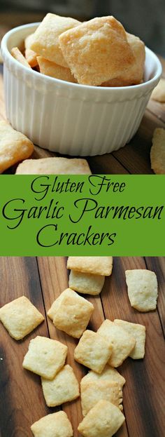 gluen free garlic parmesan crackers in a bowl on a wooden table