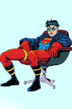 the man is sitting in an office chair with his legs crossed and wearing a superman costume