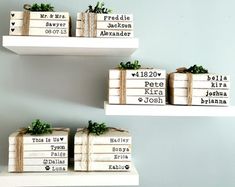 three shelves with wrapped presents on them