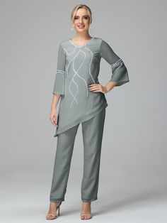 Steel_Grey Elegant Gray Long Sleeve Sets, Gray Long Sleeve Wedding Set, Gray Fitted Party Sets, Beading Dress, Classic Tailoring, Dress Pant Suit, Chiffon Material, Mother Of The Bride Dress, Chiffon Long Sleeve