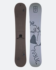 the snowboard is green and white with black writing on it's bottom half