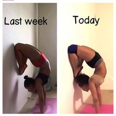 a woman is doing yoga on the floor next to a wall with words above her that read, last week today