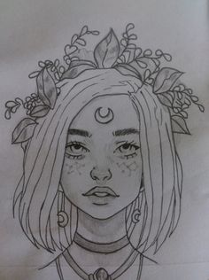 a drawing of a girl with flowers on her head