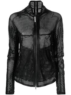 black calf leather mesh detailing sheer finish round neck front zip fastening long sleeves curved hem Mesh Jacket, Black Mesh, Zip Up, Outerwear Jackets, Calf Leather, Varsity Jacket, Zip Ups, Round Neck, Long Sleeves