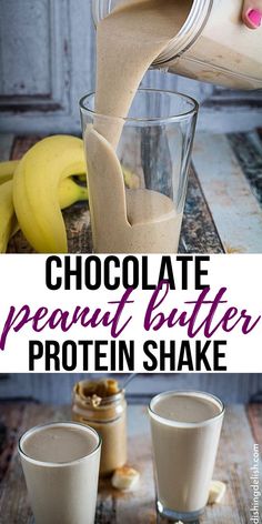 chocolate peanut butter protein shake is being poured into two glasses with bananas in the background