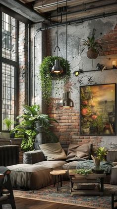 a living room filled with lots of furniture and plants on the wall next to large windows