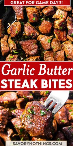 garlic butter steak bites in a skillet with text overlay