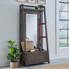 a large mirror sitting on top of a wooden shelf next to a plant and potted plant