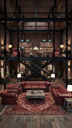 a living room filled with lots of red furniture