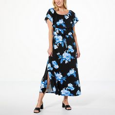 Colleen Lopez Off-the-Shoulder Printed Knit Maxi Dress  Stay in a sunny state of mind with this cheerful print knit maxi dress from Colleen Lopez. The easy off-the-shoulder, ruffled flounce neckline creates sweet, flutter-like cap sleeves, while the cinched elastic waist helps define your perfect hourglass shape. It's the perfect look for day-to-night style any time of year. Casual Off-shoulder Printed Maxi Dress, Casual Off-shoulder Maxi Dress, Casual Black Off-shoulder Maxi Dress, Ireland Fashion, Night Style, Knit Maxi Dress, Hourglass Shape, Skirt Socks, Fashion Night