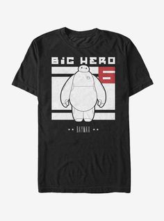 Explore the city streets of San Fransokyo with the Big Hero 6 Baymax Block Black T-Shirt! A white and red print on the front of this men's Big Hero 6 shirt features Baymax above his name and four stars. 100% Cotton. Big Hero 6 Costume, San Fransokyo, Logo Silhouette, Superhero Team, Baymax, Hero 6, Rock T Shirts, Team T Shirts, Big Hero 6