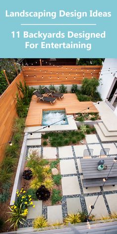 two pictures of a small backyard with an outdoor dining table and seating area in the middle