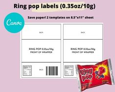 a bag of candy sitting on top of a pink background with the words ring pop labels