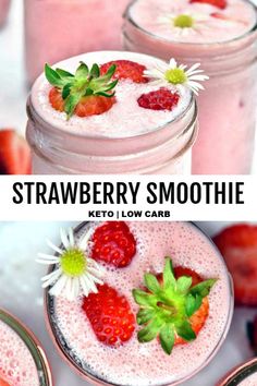 strawberry smoothie in mason jars with strawberries and daisies on the rims