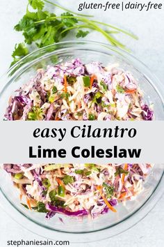 a glass bowl filled with coleslaw and garnished with cilantro