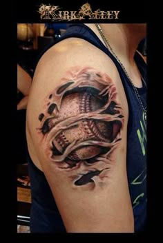 a man's arm with a baseball tattoo on it and an image of the ball coming out of his glove